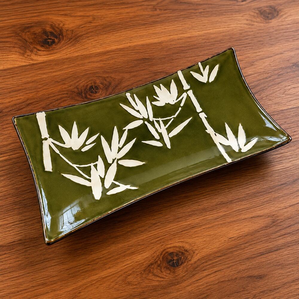 Vintage Olive Green Bamboo Print Ceramic Ceramic Sushi Plate